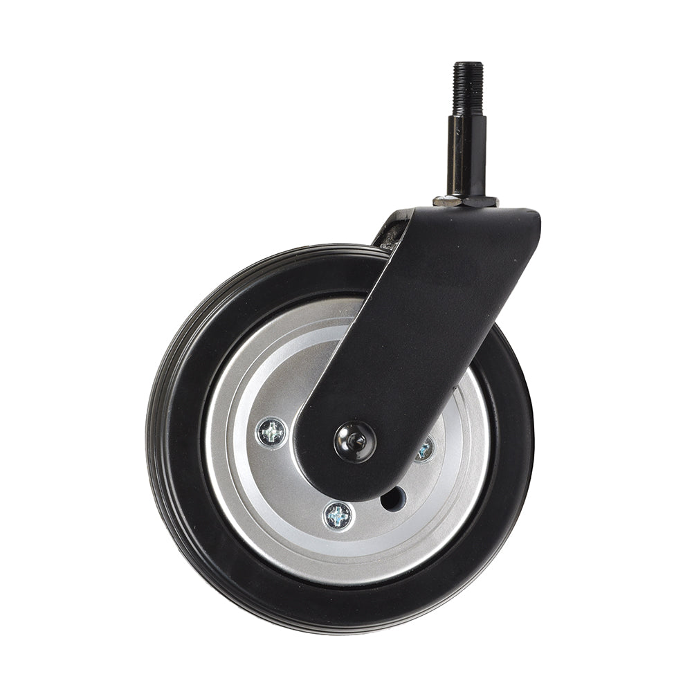 Rear Caster Wheel Assembly with Fork for the Jazzy Select Elite, Sport Portable, & Pride TSS 300, featuring a black and silver wheel with a metal rod and integrated screw.