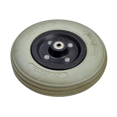 8x2 Rear Caster Wheel Assembly for the Hoveround® MPV4® and MPV5® (Used) - Close-up of a solid Urethane tire with a black rim, gently used with minimal discoloration.