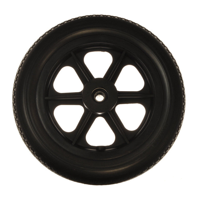 Rear Caster Wheel for the Drive Bariatric Aluminum Transport Chair, featuring a black tire with a spoked rim and hubcap, designed for optimal support and stability.