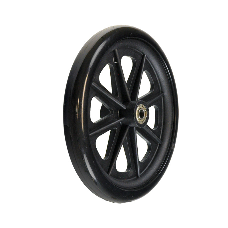 8 Rear Caster Wheel for the Drive Deluxe Fly-Weight Aluminum and Deluxe Go-Kart Steel Transport Chairs, featuring a black wheel with a metal center and spokes, essential for rear caster replacement.