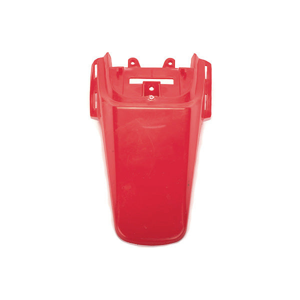 Red Plastic Rear Fender for the Motovox MVX70 Pit Bike, showing a red plastic object with screws, designed to fit over the rear wheel of the bike, enhancing its appearance and functionality.