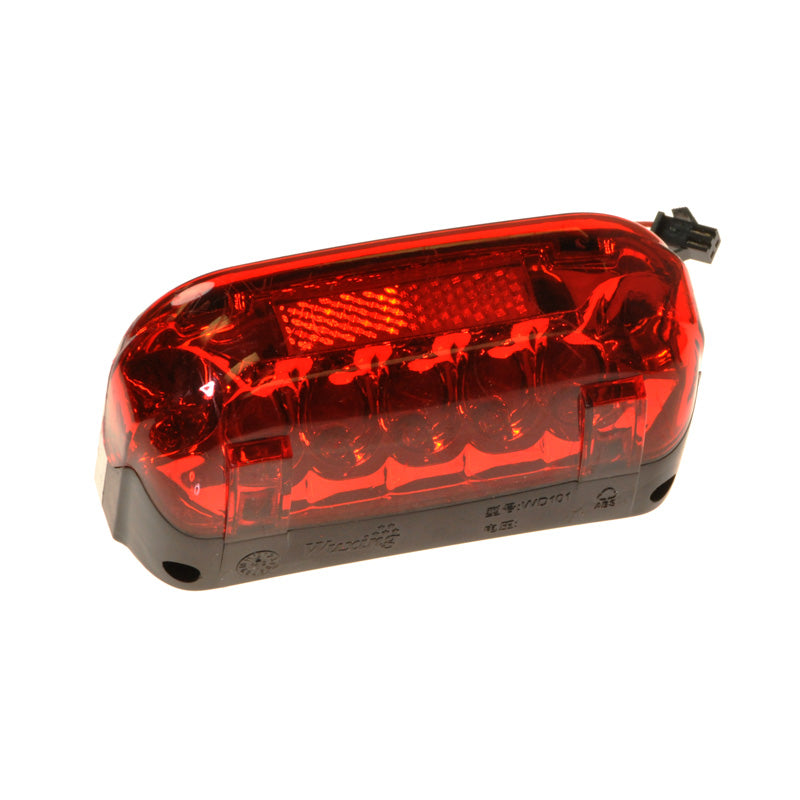 Rear LED Light for Electric Bike Kits featuring a sleek black and red design, providing high visibility with 7200 to 8000 MCD luminosity, compatible with 24, 36, or 48 volt electric systems.