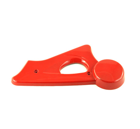 Rear Left Fork Cover for Baja BE500 electric scooter, a red plastic triangular object with a round hole, featuring minor scratches.