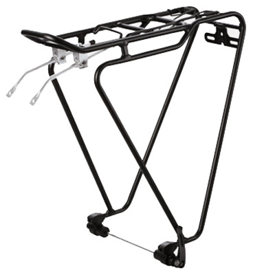 Rear Rack with Quick Release featuring black handles, suitable for scooters and bikes. Includes quick release clamps for easy attachment. Ideal for transport, enhancing utility and convenience.