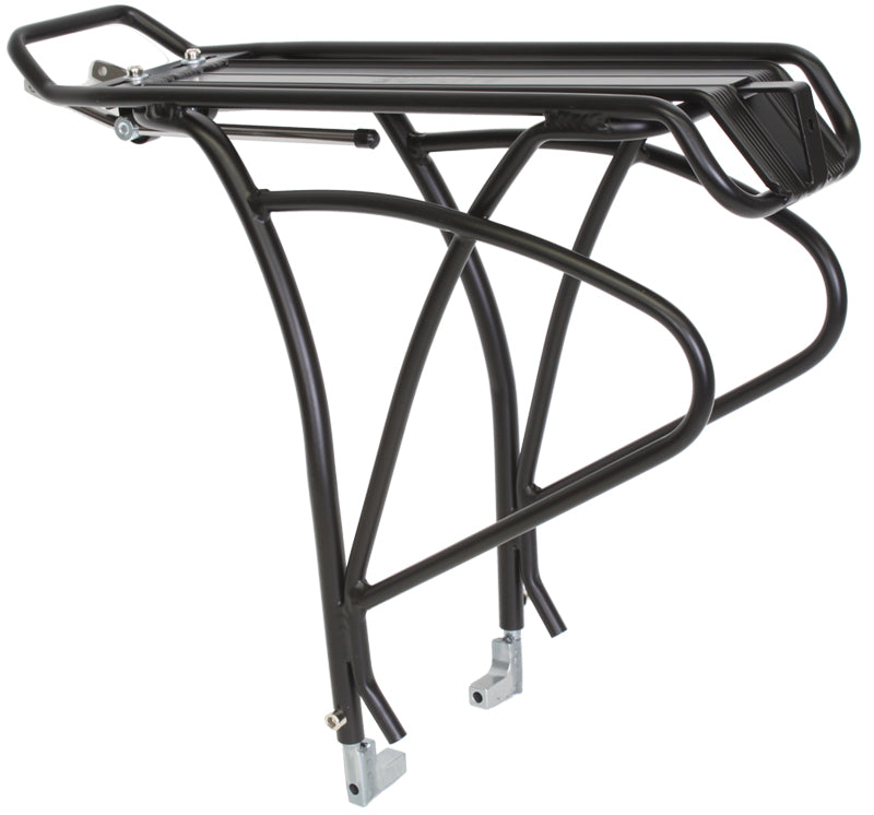 Rear Rack for Scooters and Bikes with Disc Brakes: A sturdy black bicycle rack featuring metal legs, designed for enhanced stability and compatibility with various scooter and bike models, including those with disc brakes.