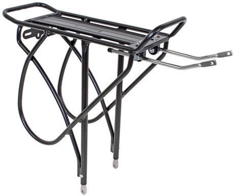 Rear Rack for Touring Style Bikes showing a sturdy metal design with robust legs, ideal for enhancing bike or scooter utility. Perfect accessory by Sunlite for various types of scooters and bicycles.