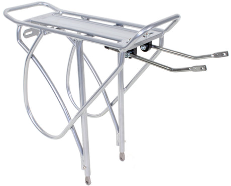 Rear Rack for Touring Style Bikes featuring a silver design with metal legs and wheels, ideal for various scooters and bicycles.