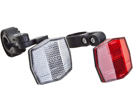 Front & Rear Reflectors with Mounting Brackets for Scooters & Bikes, showing a close-up of the front and rear reflectors suitable for electric bikes and scooters, including eZip, iZip, and Schwinn.