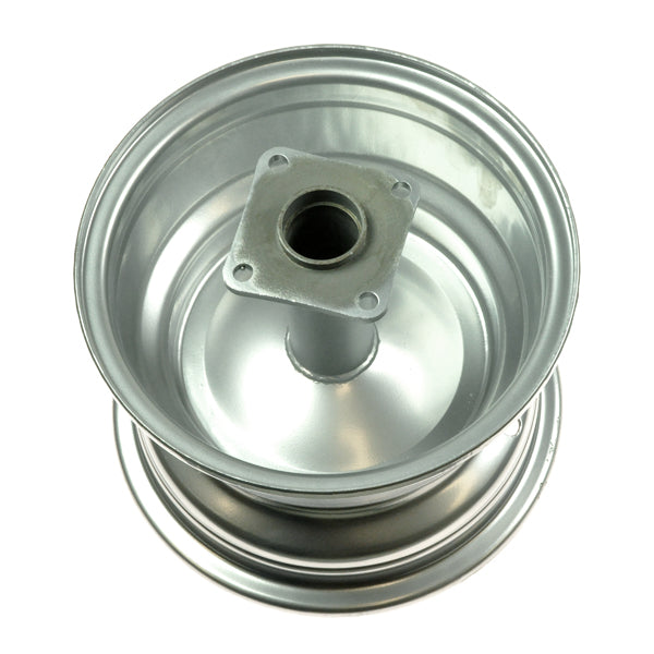 Silver Rear Rim for the Baja Mini Bike (MB165), a close-up of a metal wheel with a central hole, designed as a replacement part for the MB165 and MB200 mini bikes.