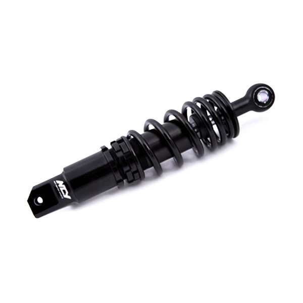 Rear Shock for the Honda Ruckus (NPS50) by NCY, featuring a black coil spring, designed for enhanced performance with a stiffer recoil and adjustable preload, shown on a plain background.