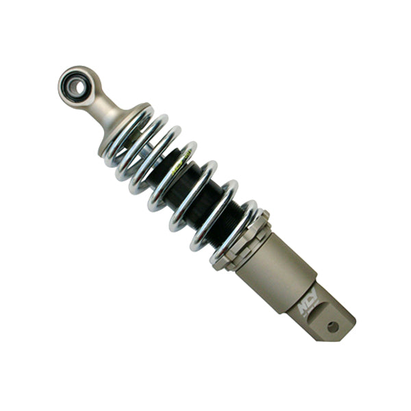 Close-up view of the NCY Rear Shock for the Honda Ruckus (NPS50), highlighting its coil spring and robust metal components suitable for enhanced scooter performance.