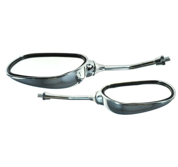 Rear View Mirrors for Razor Pocket Mod & iMod (Set of 2) featuring chrome plating and black handlebar brackets, shown in close-up, highlighting their sleek metallic design and screw attachment for easy installation.