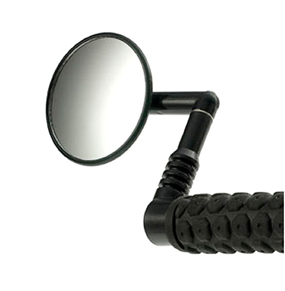 Bar End Rear View Mirror for Bikes & Scooters, featuring a round reflective mirror mounted on a black handlebar, shown in a close-up view highlighting its adjustable and foldable design.