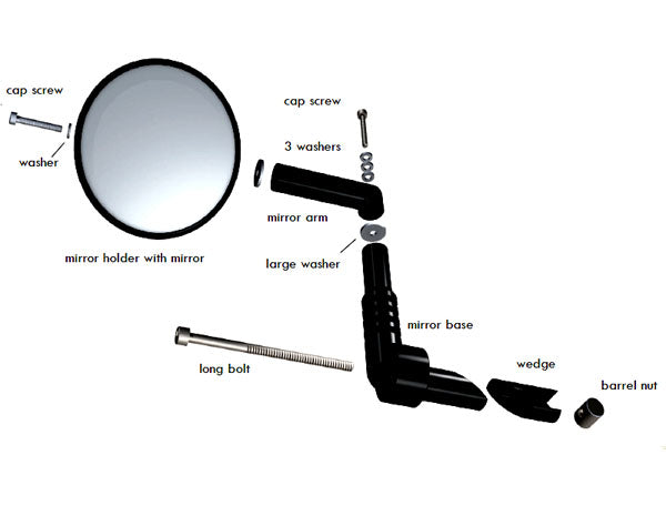 Bar End Rear View Mirror for Bikes & Scooters, shown in a diagram with mounting screws and a white circle with a black border, illustrating its assembly and compatibility features.