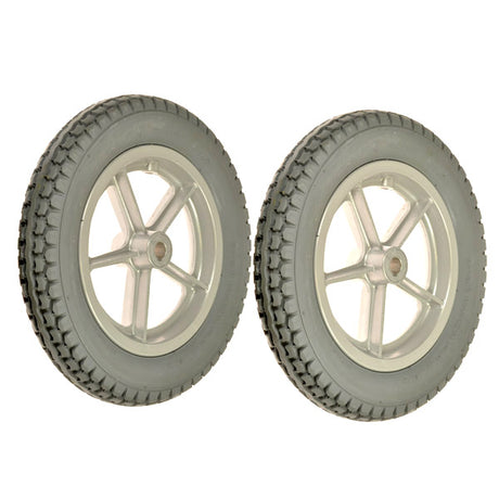 Rear Wheel Assemblies for the Golden Technologies Alero (Set of 2) featuring 12.8 diameter flat-free solid tires with silver rims, ready to mount on a power chair.