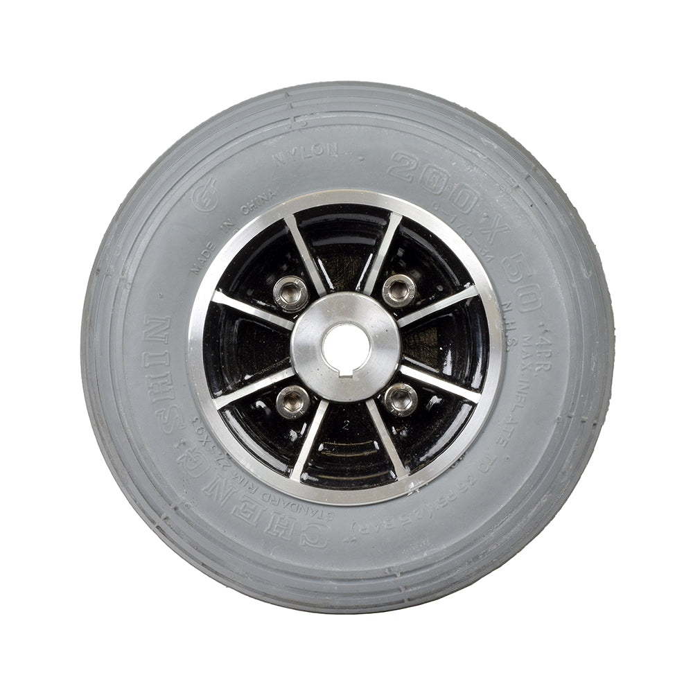 200x50 Flat Free Rear Wheel Assembly for the ActiveCare Spitfire 1310 and 1410 Scooters, featuring a silver rim, central hole, and visible screws, with a non-marking gray tire.