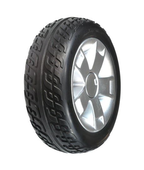 9.5 Flat-Free Rear Wheel Assembly for the Pride Victory 9.2, featuring a black tire with visible tread and a silver 5-spoke rim, designed for both 3-wheel and 4-wheel scooters.