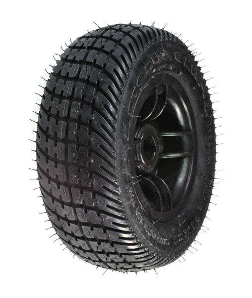 8x2.50 Flat-Free Rear Wheel Assembly with Black Low Profile Tire and Black Rim, featuring spiked tread, designed for the Pride Bebop (SC46) and Pep Pal (MM222) mobility scooters.