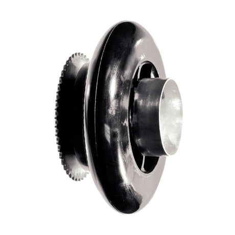 Rear Wheel Assembly for Avigo and Pulse Electric Scooters, featuring a black metal construction with a round center, sprocket, axle, and drum for band brake compatibility.