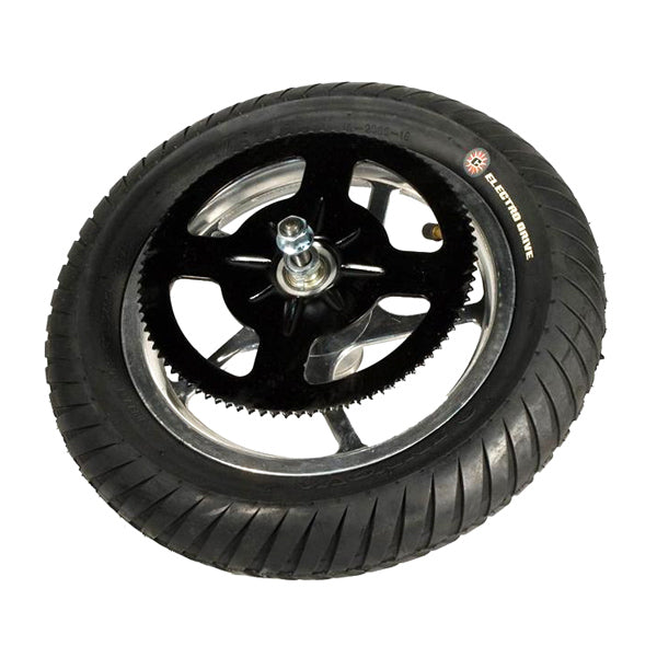 12-1/2 Rear Wheel Assembly with 90 Tooth Sprocket for eZip, IZIP, & Schwinn Scooters, featuring a black wheel, black rim, tire, tube, axle, and sprocket.