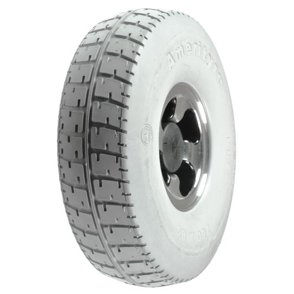 3.00-4 (10x3, 260x85) Rear Wheel Assembly with Keyway Trim for the Amigo HD450, featuring a solid gray tire with tread and a silver rim, close-up view.