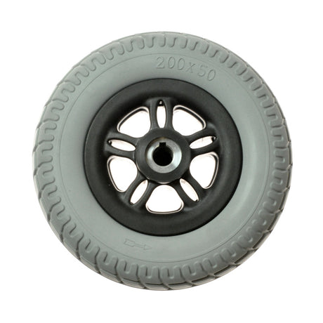 Rear Wheel Assembly for Merits Cruiser Q (S538/S548) & Mini Coupe (S549) Mobility Scooters, featuring a grey wheel with a black rim, designed for replacing damaged or worn-out rear wheels.