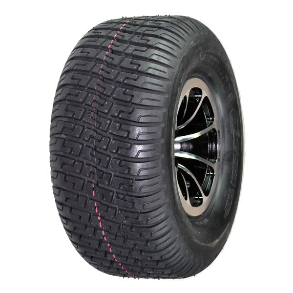 13x6.50-6 Pneumatic Rear Wheel Assembly for the Pride Wrangler (PMV600/PMV620) featuring a black tire with a silver rim, close-up showing aggressive knobby tread suitable for all-terrain mobility.