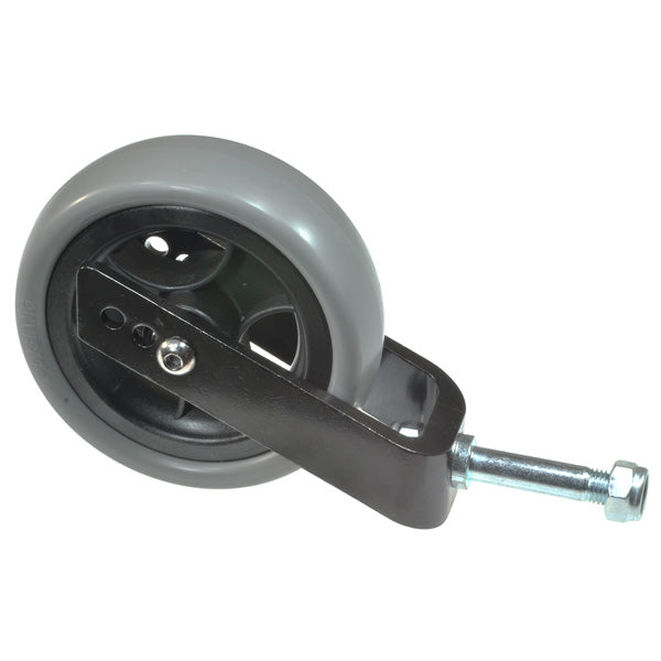 Rear Caster Wheel Assembly for the Shoprider WIZZ Power Chair, featuring a solid urethane wheel with a metal fork and bearings, pre-assembled for convenience.