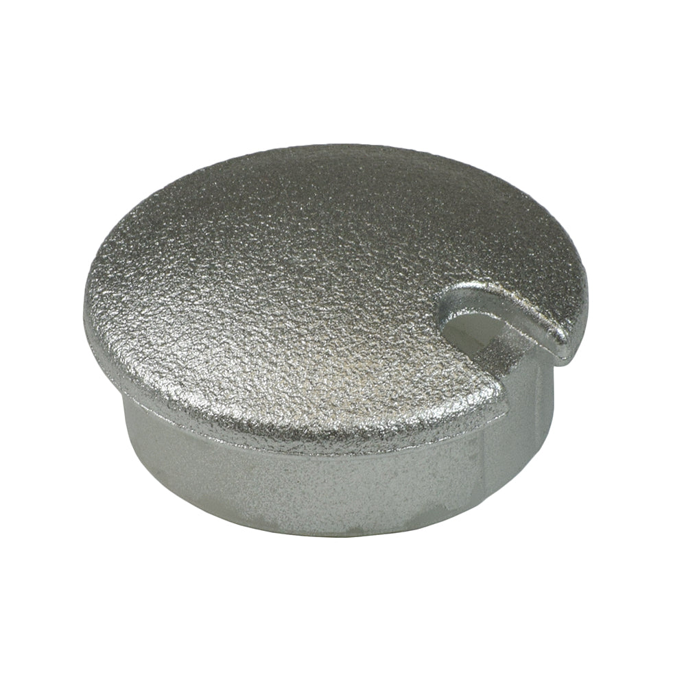 Hubcap for the ActiveCare Medical/Drive Medical Spitfire EX (S1320/S1420) Scooters & Titan Power Chairs: A silver, round object with a central hole, featuring a textured pebble finish.