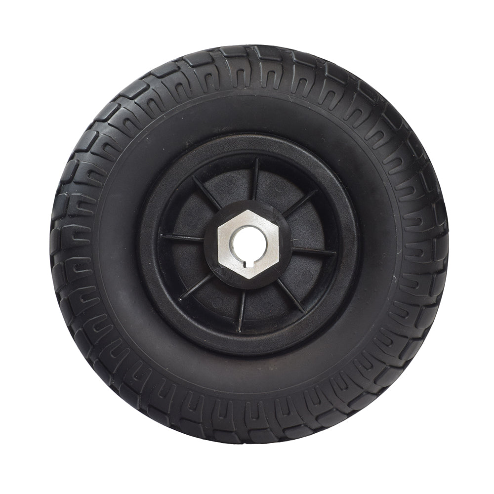 Rear Flat Free Wheel Assembly for the Drive Bobcat 3 & Bobcat 4, featuring a close-up of a black wheel with a central nut, designed for durable, worry-free performance on mobility scooters.