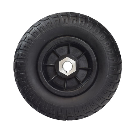 Rear Flat Free Wheel Assembly for the Drive Bobcat 3 & Bobcat 4, featuring a close-up of a black wheel with a central nut, designed for durable, worry-free performance on mobility scooters.