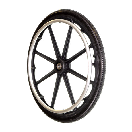 20x1-3/8 Rear Wheel for the Drive Viper Jr. Wheelchair featuring a black wheel, silver rim, handrim, and treaded tire suitable for indoor and outdoor use.