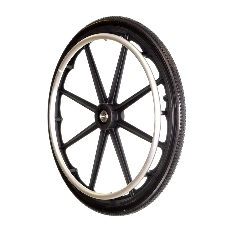 20x1-3/8 Rear Wheel for the Drive Viper Jr. Wheelchair (Blemished) featuring a black wheel with a silver rim, alloy handrim, and treaded tire. Perfect for both indoor and outdoor use.