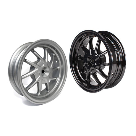 Rear Wheel Rim for the Honda Ruckus (NPS50) featuring a sleek black and silver alloy design with a spoke pattern, compatible with stock drum brakes and NCY Front End kit.