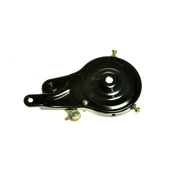 60 mm Rear Band Brake Assembly: A black metal object with screws, featuring a black painted steel body and riveted band brake, designed for scooters and compatible ride-on models.