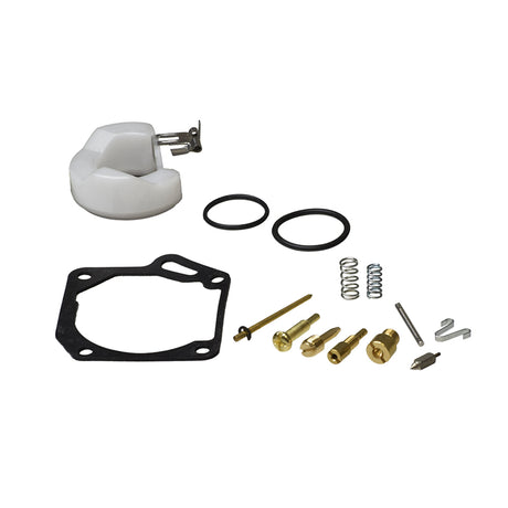 Carburetor Repair Kit for 50cc 2-Stroke 1E40QMB Minarelli Carburetors: close-up of mechanical parts including a white circular object with metal piece, black gasket with holes, and black rubber rings.