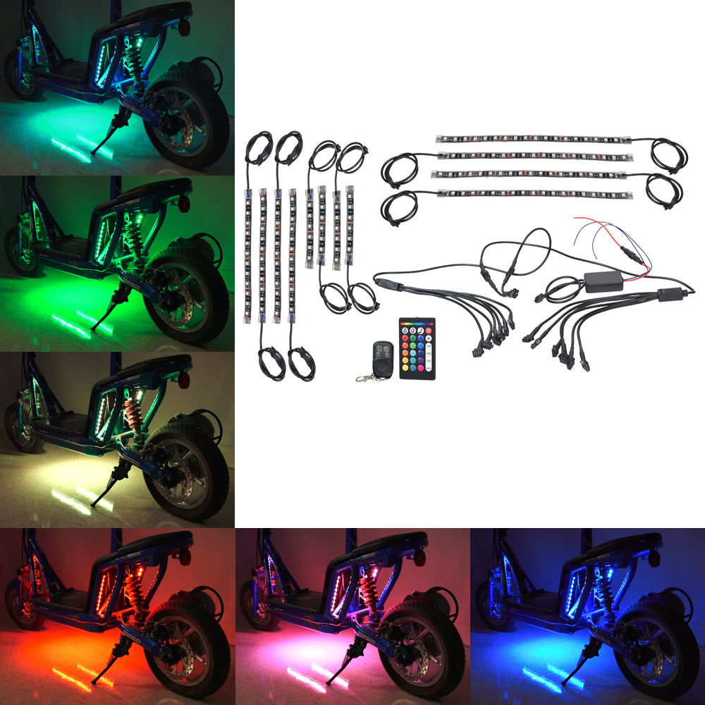 Multi-Color LED Light Kit for Recreational Scooters shown with various lighting effects, including green, pink, red, and blue. Includes a small hand-held remote control for adjusting light functions.