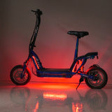 Multi-Color LED Light Kit for Recreational Scooters, featuring a blue scooter with red lights, close-up of wheels, and light reflections on a wet surface.