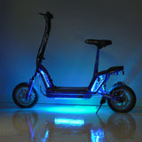 Multi-Color LED Light Kit for Recreational Scooters, featuring a blue-lit scooter with illuminated wheels and a sleek black seat, showcasing vibrant, customizable lighting effects controlled via remote.