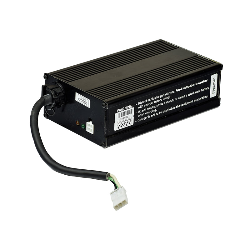 24 Volt 7.0 Amp Reconditioned CS1204B On-Board Battery Charger for Amigo Mobility Scooters, featuring a black rectangular electronic device with an attached wire and visible white text.