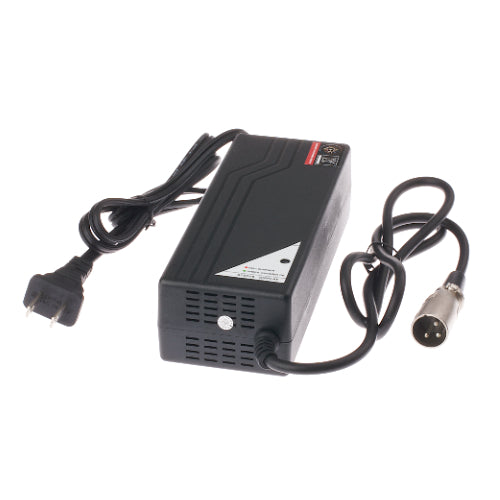 24 Volt 4.0 Amp XLR Battery Charger with attached wires, designed for 24V systems. Features a green LED indicator for charging status and automatic shut-off when charging is complete.