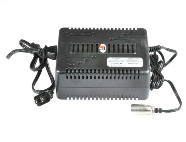 24 Volt 4.0 Amp XLR Battery Charger, a premium quality black power supply with attached wires, designed for electric scooters with sealed lead acid batteries, featuring an automatic shutoff function.