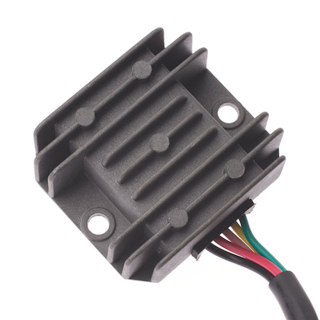 Close-up of a 5 Pin 5 Wire HK-D Rectifier (Voltage Regulator) with Female Connector for 125cc-250cc GY6/QMB139 Scooter Engines, showcasing colored wires and electronic components.