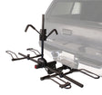 Recumbent Hitch Rack mounted on a car, showcasing its sturdy design for holding bikes or scooters securely.