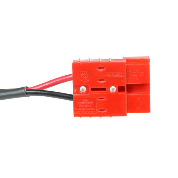 Red Battery Harness for the Rascal 600 Series, showing a close-up of the red electrical connector attached to black wires, essential for connecting the controller wiring harness to the battery.