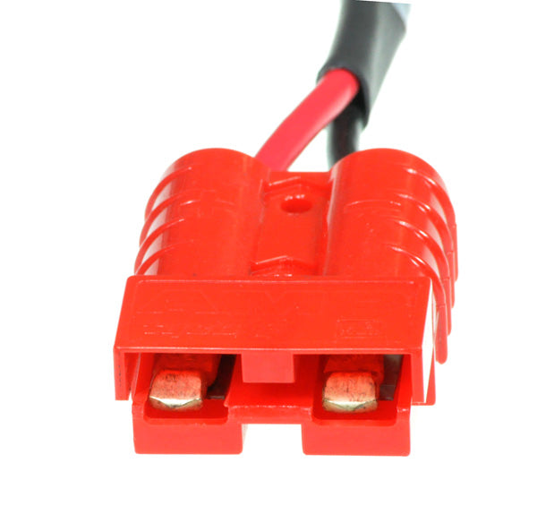 Red Battery Harness for the Rascal 600 Series, featuring a wire with two terminals and an electrical plug, designed to connect the controller wiring harness and the battery of compatible mobility scooters.