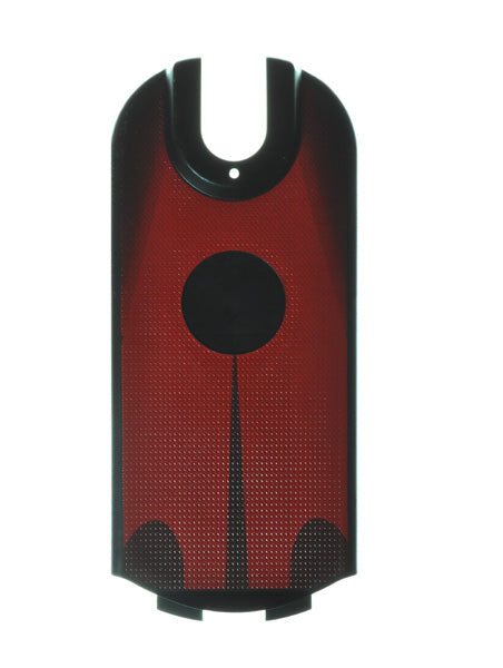 Close-up of the Red Deck for Schwinn S500 electric scooter by Currie Technologies, featuring a black circular design element on its surface.