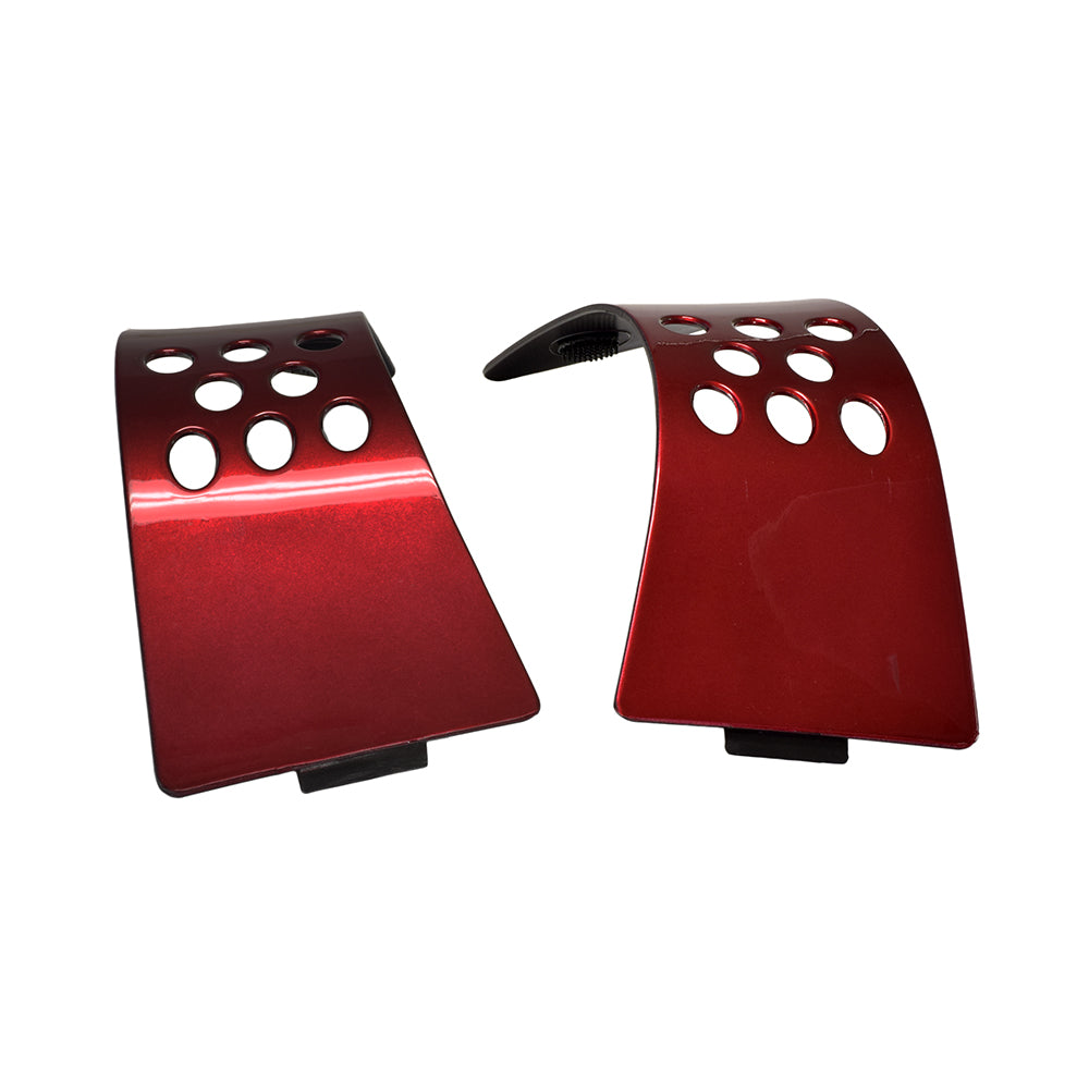 Red Version 2 Front Body Inserts for the Go-Go Elite Traveller (SC44E), featuring two red metal pieces with holes designed to cover and enhance the appearance of the scooter's front body.