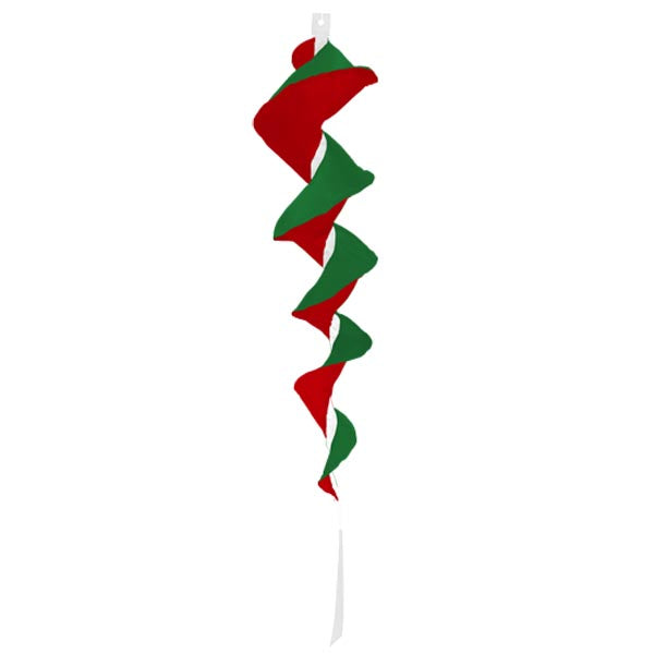 Red & Green Fusilli Spinner - a spiral-shaped accessory for bikes or scooters, designed to twirl in the wind, made of sewn fabric panels with a 3-piece mounting pole and swivel snap.