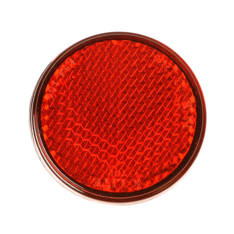 Red Rear Reflector for the Go-Go Elite Traveller, featuring a round, 45 mm diameter design with an adhesive back for easy attachment to scooters, enhancing visibility and safety.